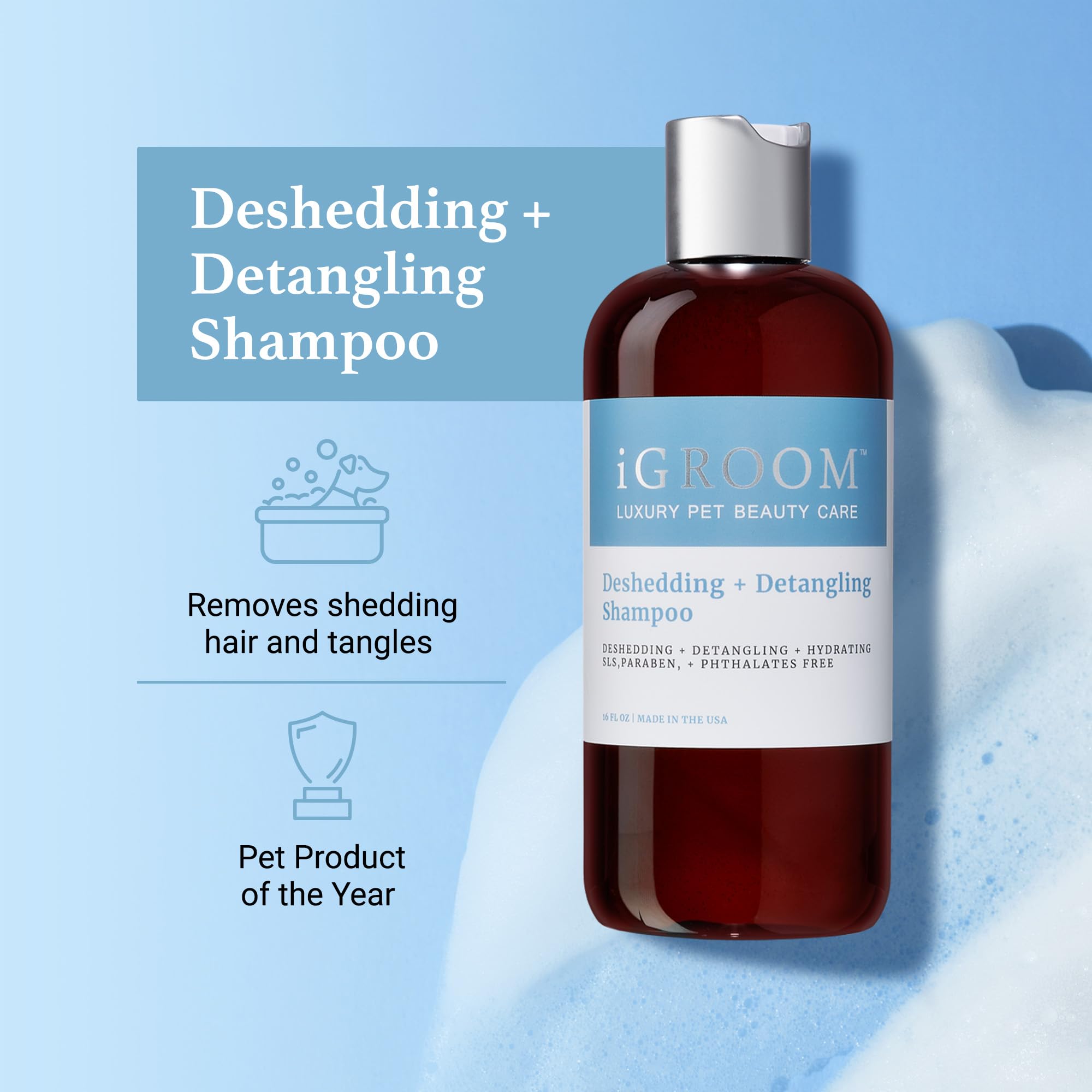 Igroom Deshedding & Detangling Dog Shampoo, Luxury Pet Beauty Care, Loosen Tangles + Unwanted Undercoat, Adds Shine + Volume, Made In Usa (16 Oz)